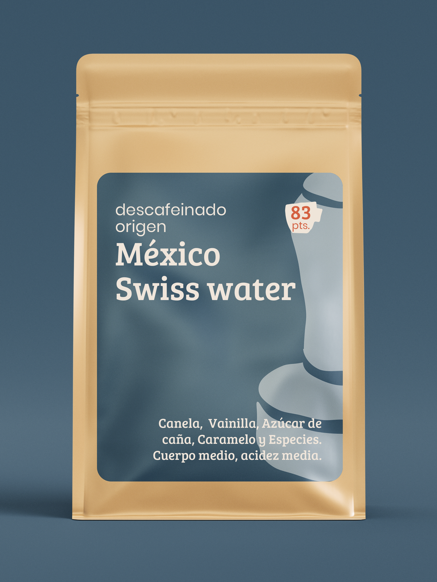 Paquete de descafeinado de especialidad México Swiss water, puntuación 83, con notas a CCanela, Vainilla, Azúcar de caña, Caramelo y Especies. Cuerpo medio, acidez alta.